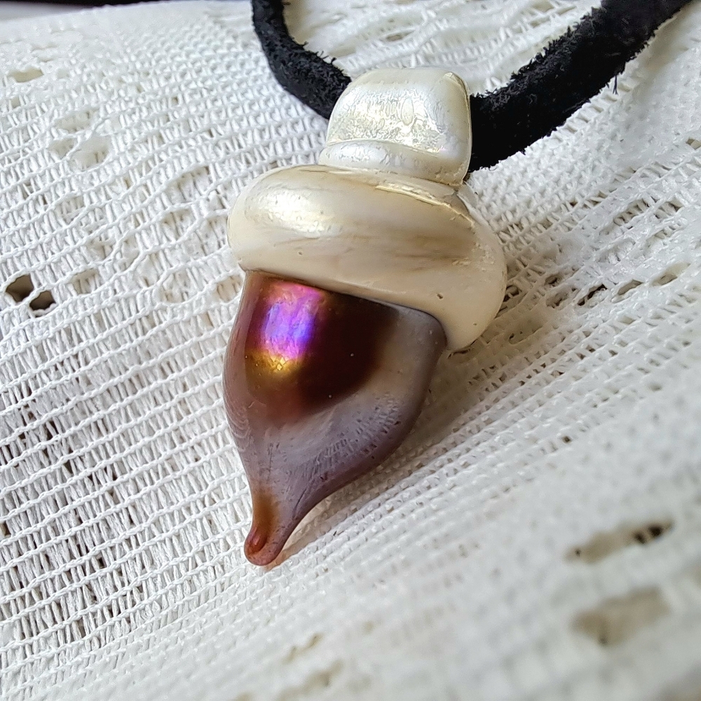 Iridescent Glass Acorn Pendant For Fall on a Leather Cord | Handmade• 1" 🍁🍂🐿